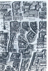 La zona di Piazza di Pietra in una carta di G.B. Falda del 1676